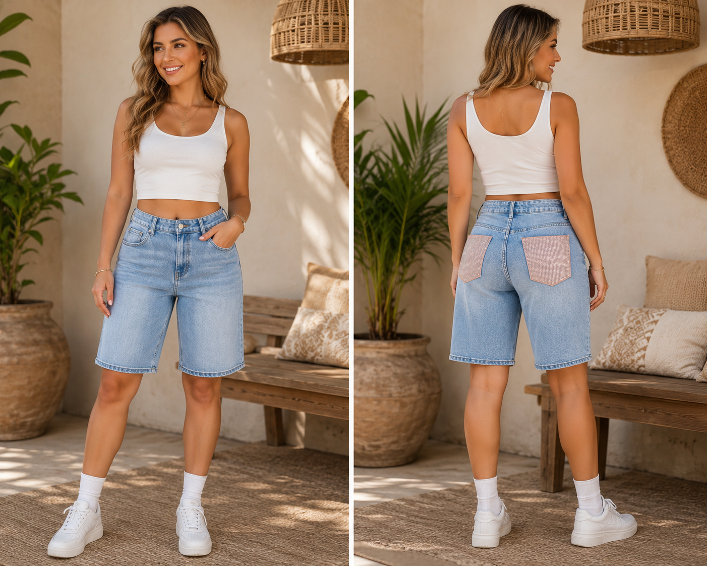 Denim Bermuda Short met Roze Glitterdetails – Comfort & Glamour in Één