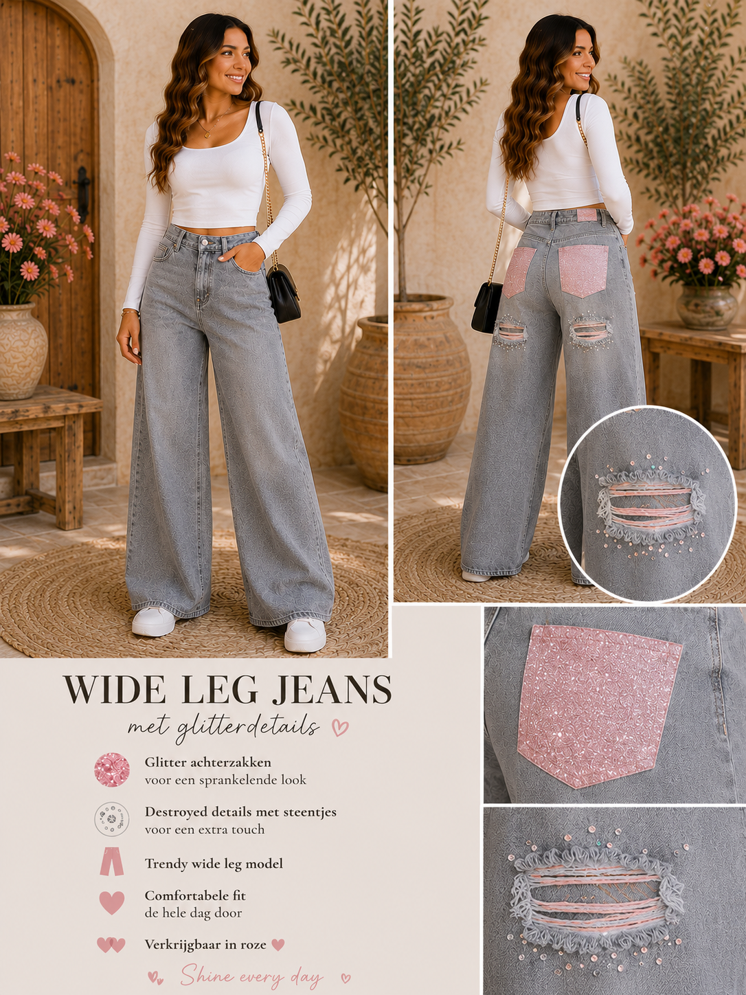 ✨ Grey Pink Sparkle Wide Leg Jeans