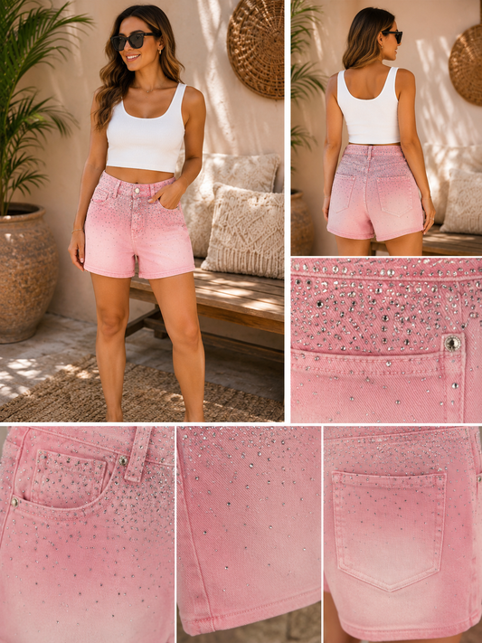 Roze Denim Short met Strass Steentjes – Shine in Style