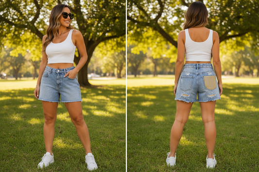Denim Short met Gele Glitterzak – Dé Zomerse Eyecatcher