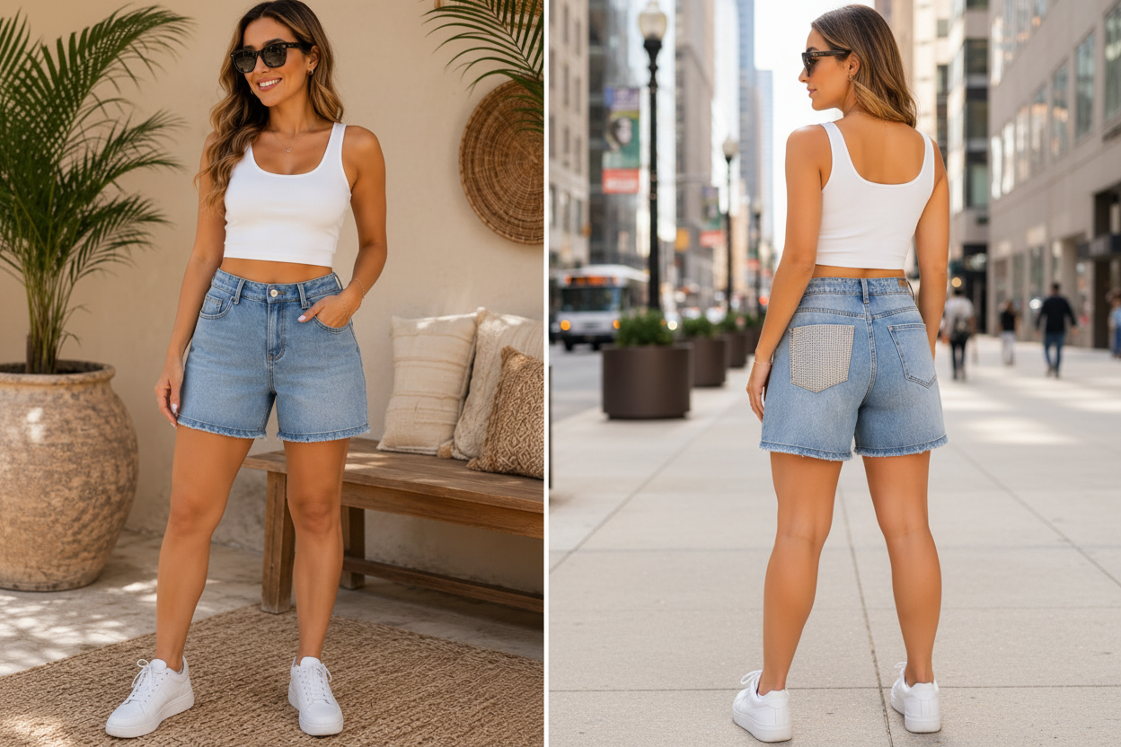 Denim Short met Gouden Glitterzak – Stijlvol met een Verrassende Twist
