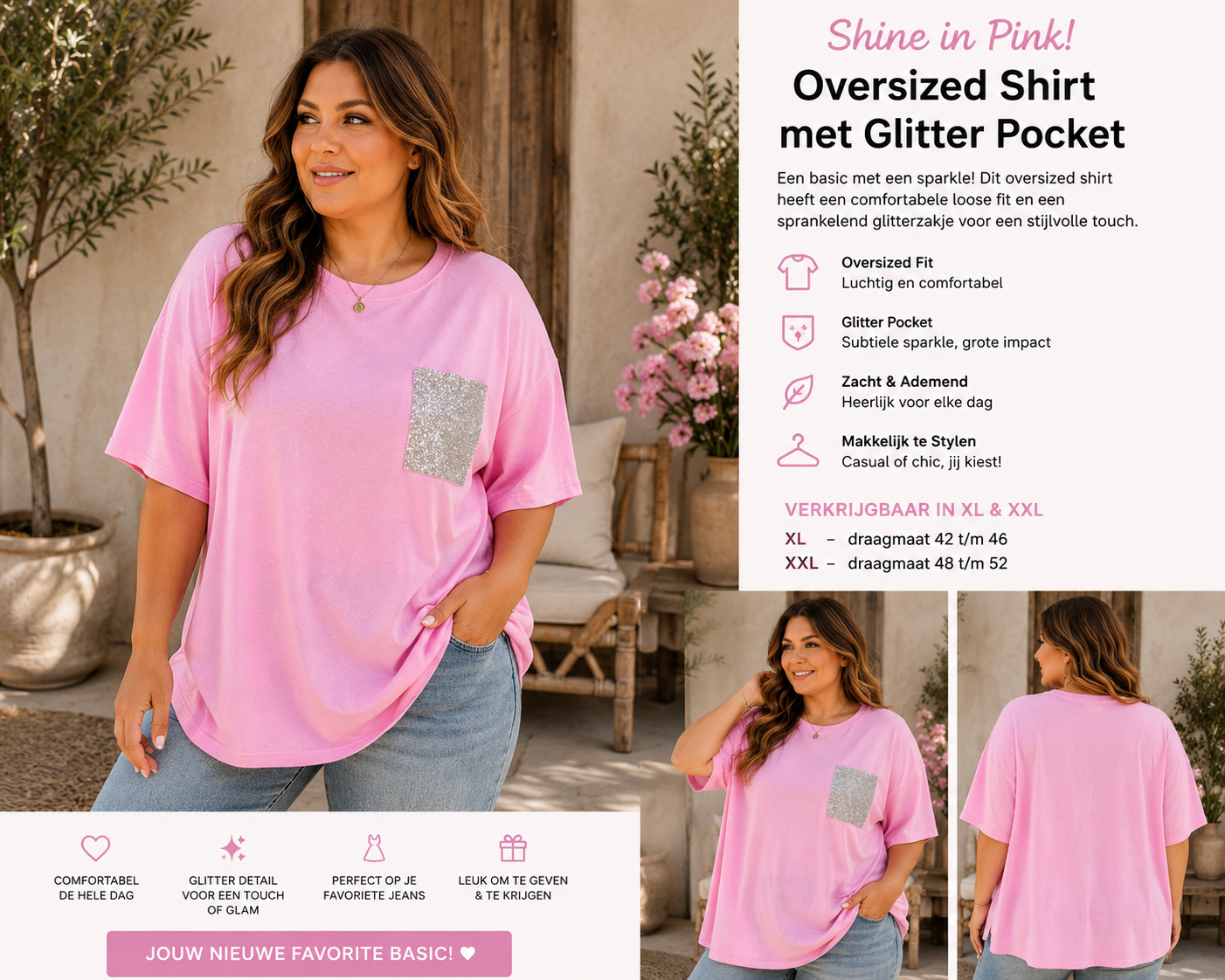 Oversized Roze Shirt met Strass Borstzak – Comfort & Glamour