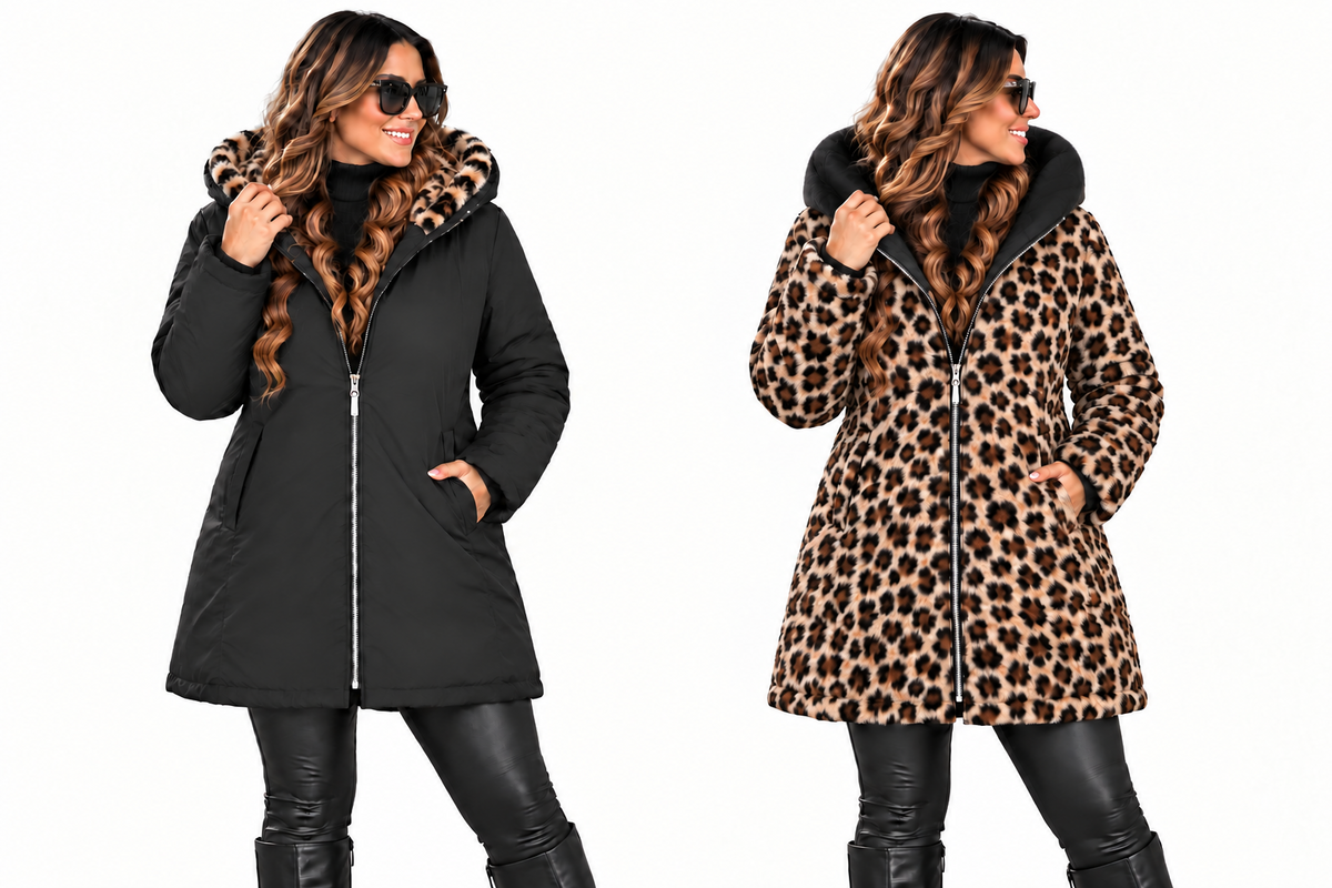 🖤 Zwarte winterjas met leopard-look capuchon